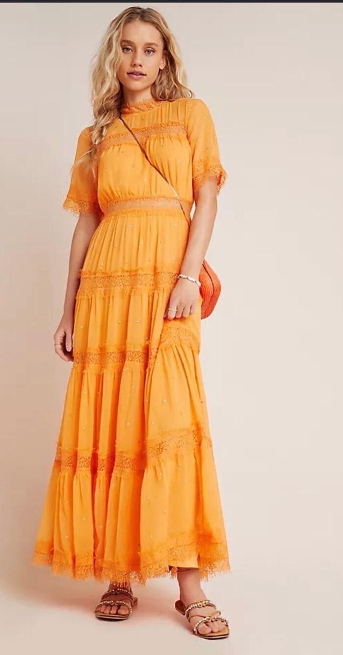 Anthropologie Ranna Gill Maxi Dress Women XS Orange Excellent Lace Tiered Boho